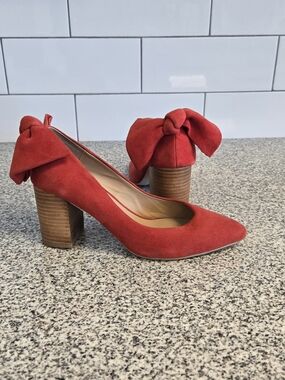Anthropologie Red Suede Bow Block Heel Pumps